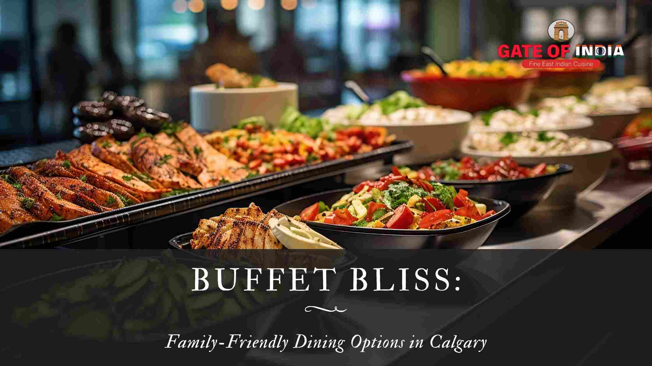 Buffet spread at Gate of India Calgary with Indian curries, meats, salads, and rice