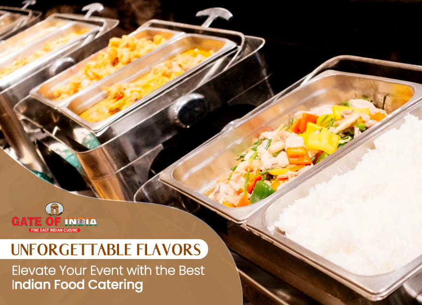 Gate of India Calgary catering buffet with chafing dishes of rice, curry, and stir-fry